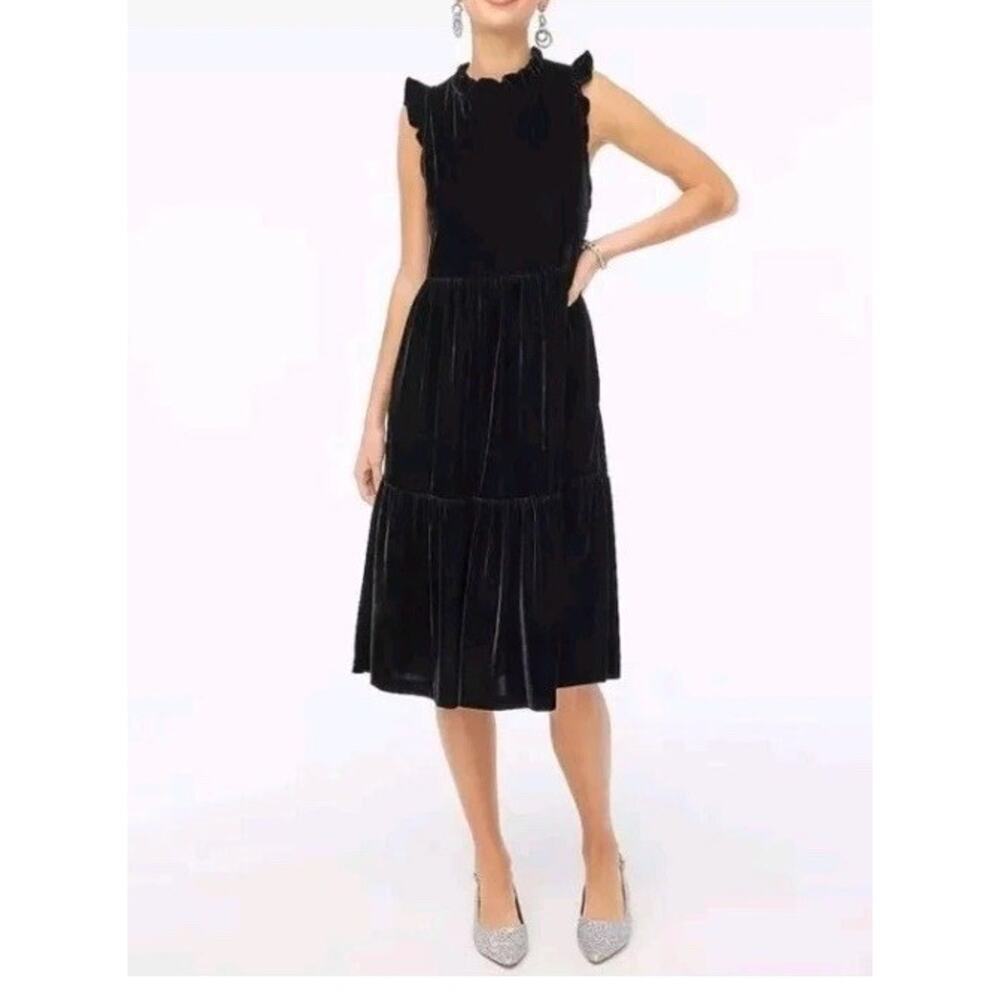 J. Crew Women's Velvet Tiered Midi Dress Sz 8 New Black Sleeveless Pockets $128